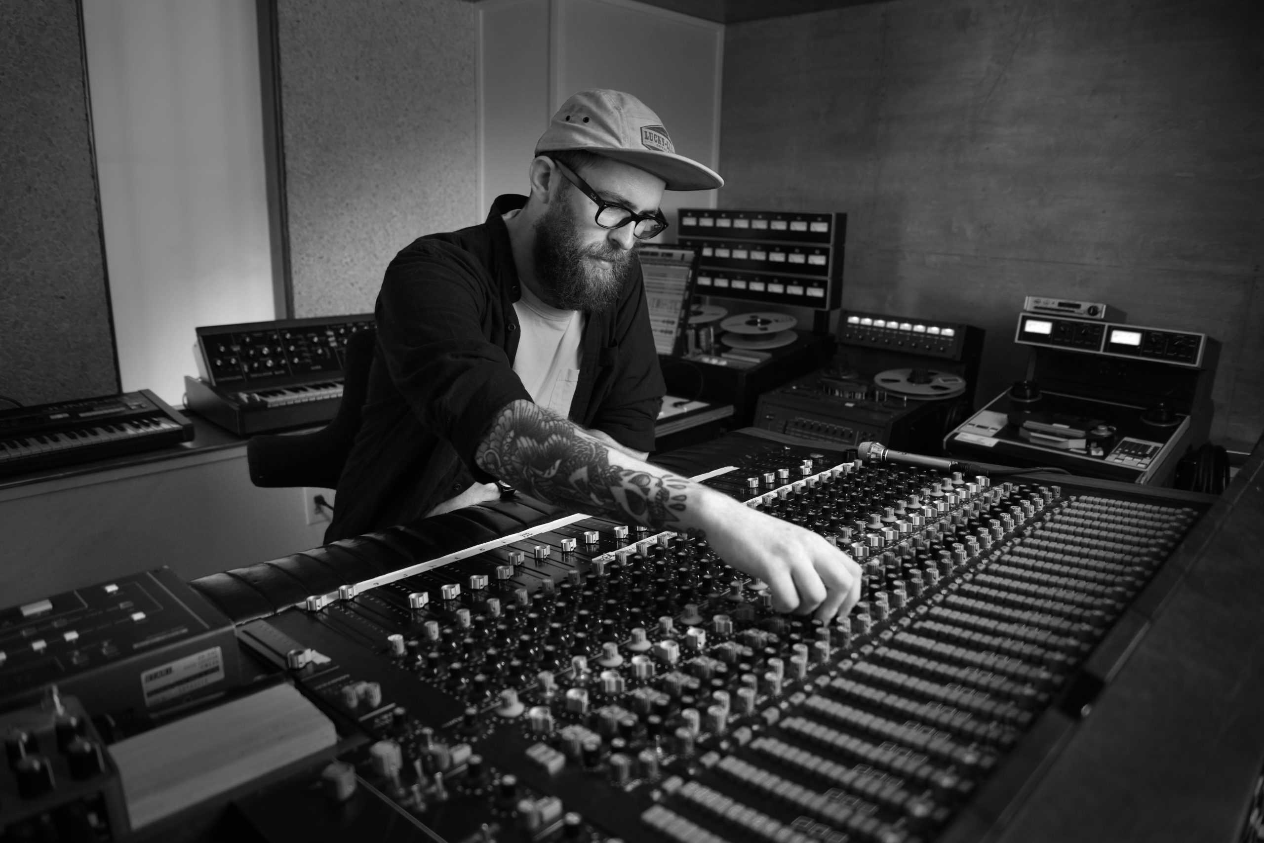 Aaron Feeney working in a Los Angeles recording studio